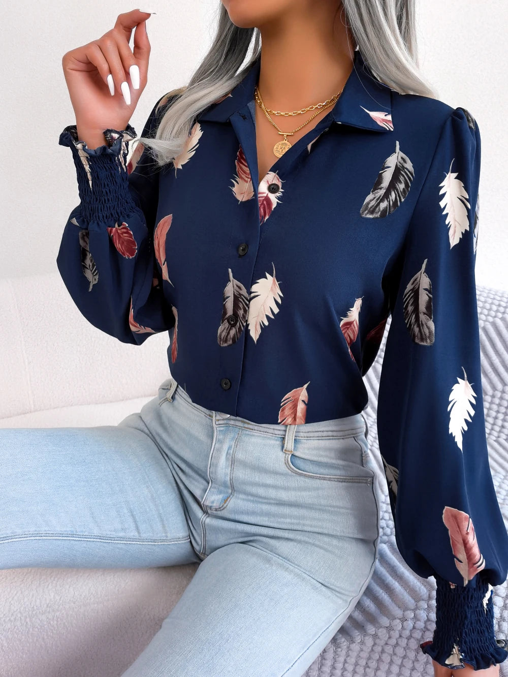 Women Casual Feather Print Collar Long Sleeve Shirt