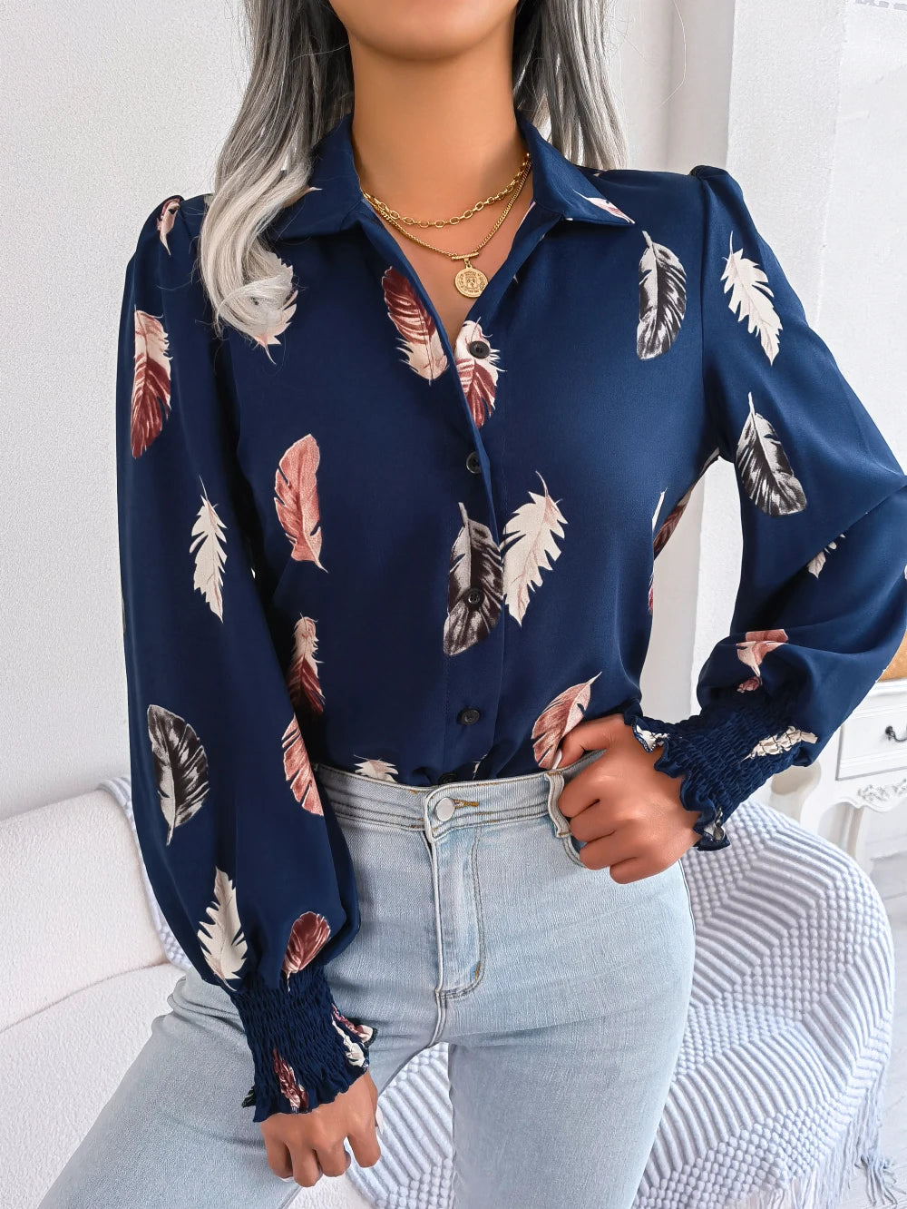 Women Casual Feather Print Collar Long Sleeve Shirt