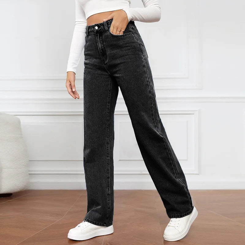 Women's High Waist Stretch Washed Denim Straight Jeans