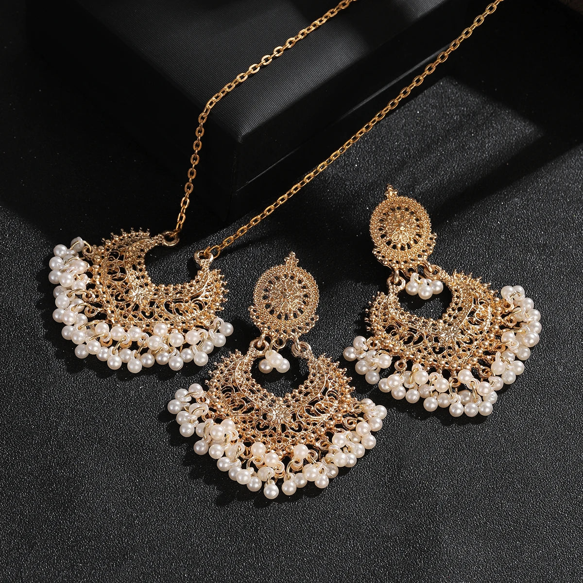 Jewelry Set for Women Retro Gold Plated Round Beads Tassel Earring Necklace Sets