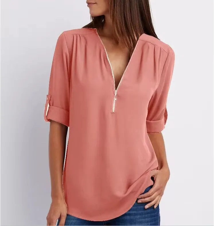 Women Cool Loose Shirt Deep V Neck Chiffon Fashion Zipper Pullover Blouse