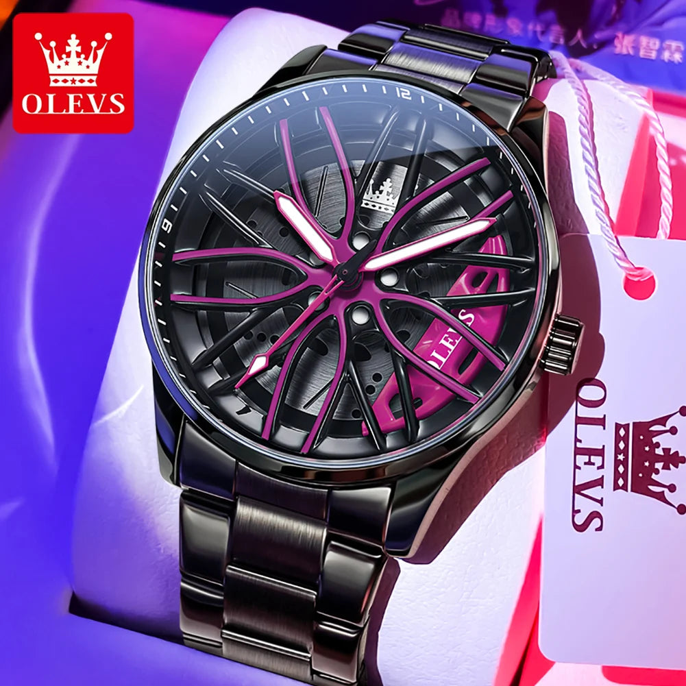 OLEVS Men Watches Waterproof Rotary Sport Car Rim Man Luxury Watch High Quality Fashion Stainless Steel Quartz