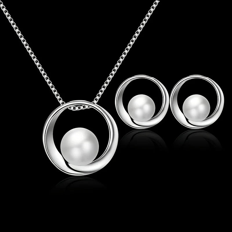 Luxury style Fashion Hollow Round Jewelry Set Pearl Pendant Necklace Stud Earrings Set for Women
