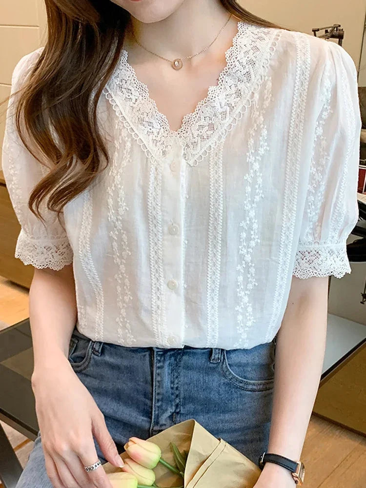 Summer Short Sleeve White Blouse Shirt Women Tops Blusas Verano Lace V-Neck Blouse Women Blouse