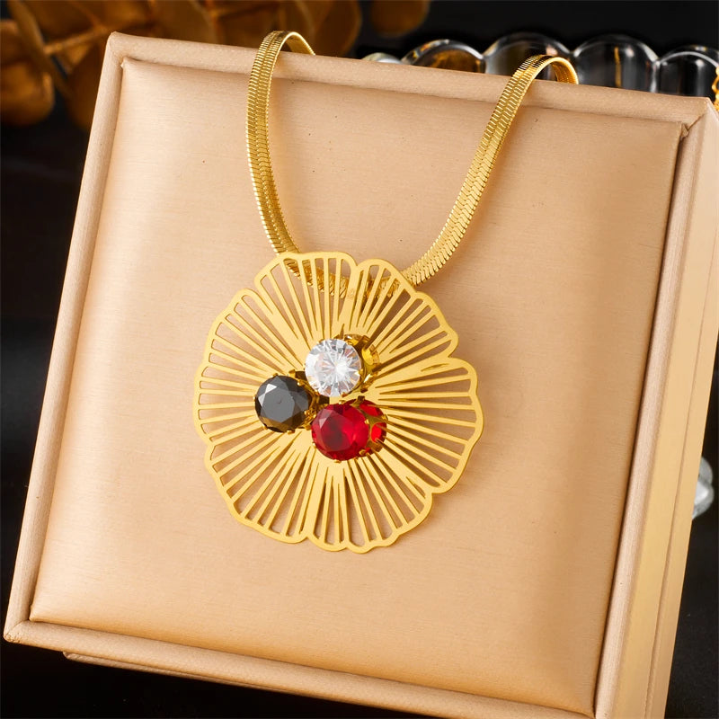 Stainless Steel Hollow Flower Inlaid With Zircon Necklace Earrings Ring For Women New Trend Non-fading Jewelry Set