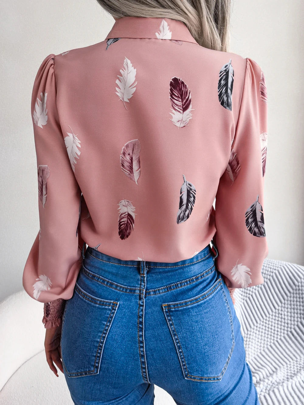 Women Casual Feather Print Collar Long Sleeve Shirt
