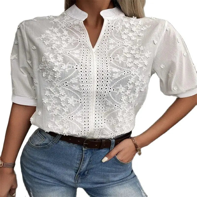 Summer Elegant Short Sleeve White Shirt Vintage Tops Crochet Hollow Blouses For Women Fashion