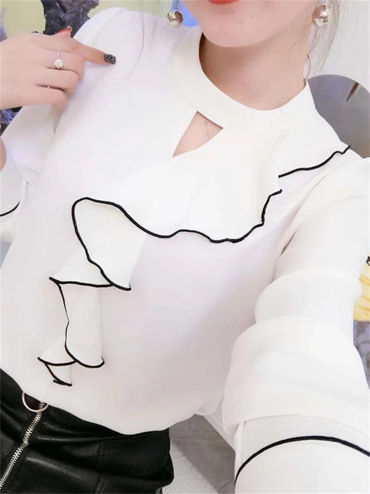 Women Chiffon Blouses Shirts Lady Casual Long Sleeve Ruffles Decor Stand Collar
