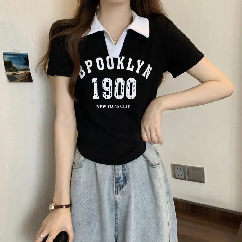 Women Summer Korean Fashion Letter Printing Slim Polo Collar Short Sleeve T-Shirt Simplicity Office Lady All-match Casual Tops