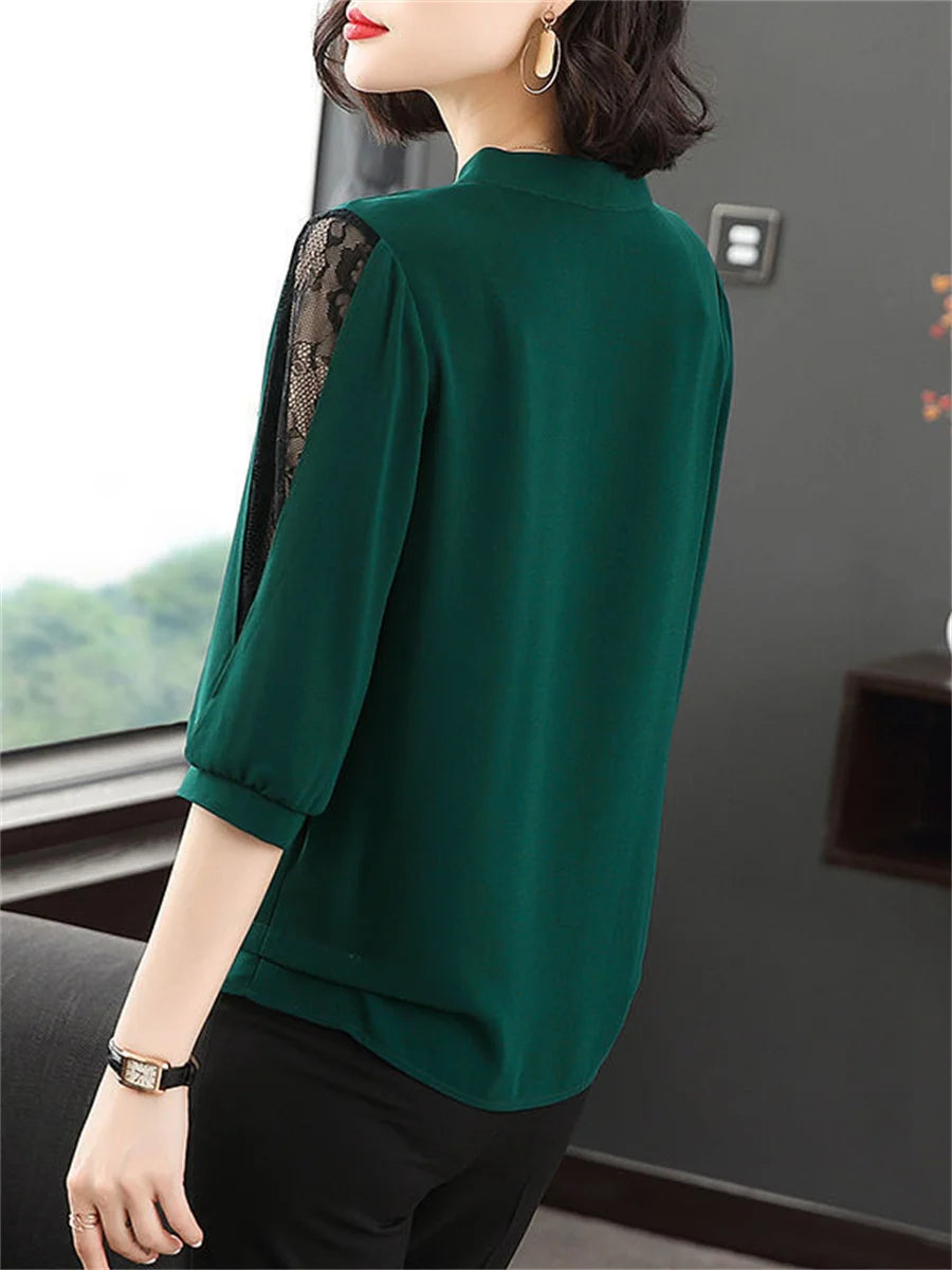 Women Casual Bow Tie Collar Half Lace Sleeve Loose Blouse