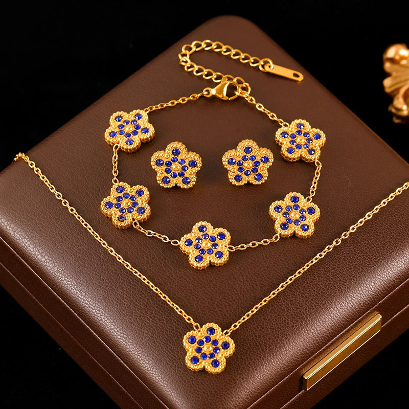 Pink Zircon Reversible Clover Necklace Bracelet Earrings Set For Women Trendy Stainless Steel Waterproof Jewelry