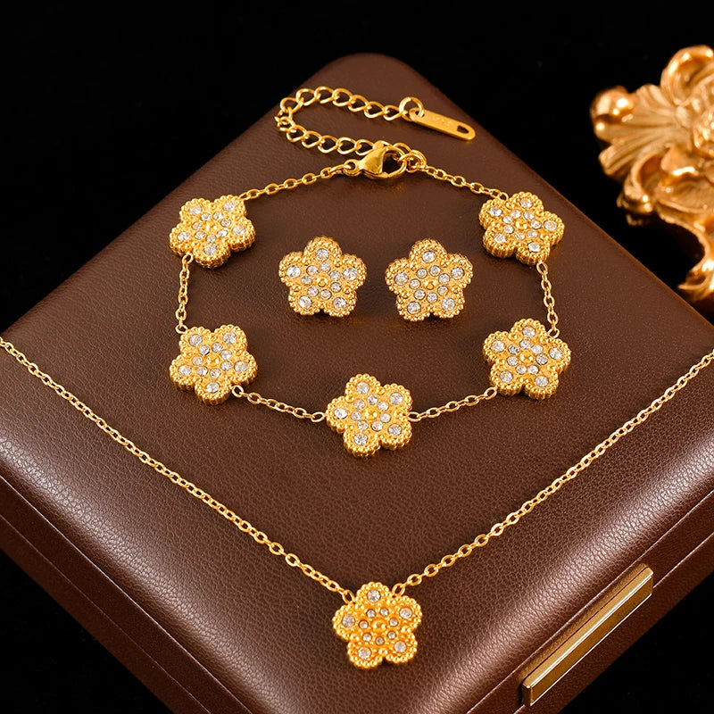 Pink Zircon Reversible Clover Necklace Bracelet Earrings Set For Women Trendy Stainless Steel Waterproof Jewelry