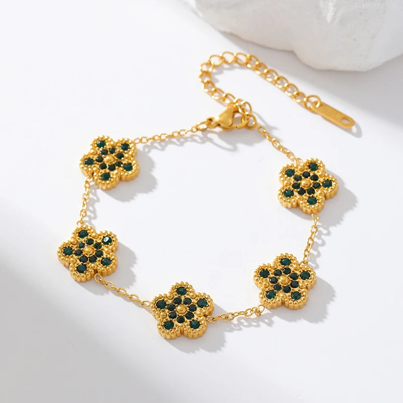 Pink Zircon Reversible Clover Necklace Bracelet Earrings Set For Women Trendy Stainless Steel Waterproof Jewelry