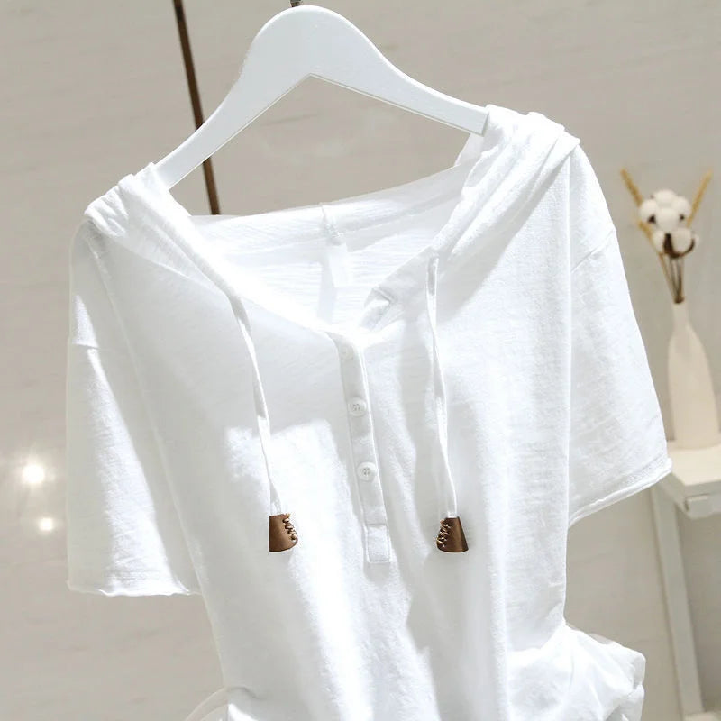 Loose T-shirt Women Spring Summer Wide Slim Versatile Belly Cover Headwear Cotton Korean Casual Style