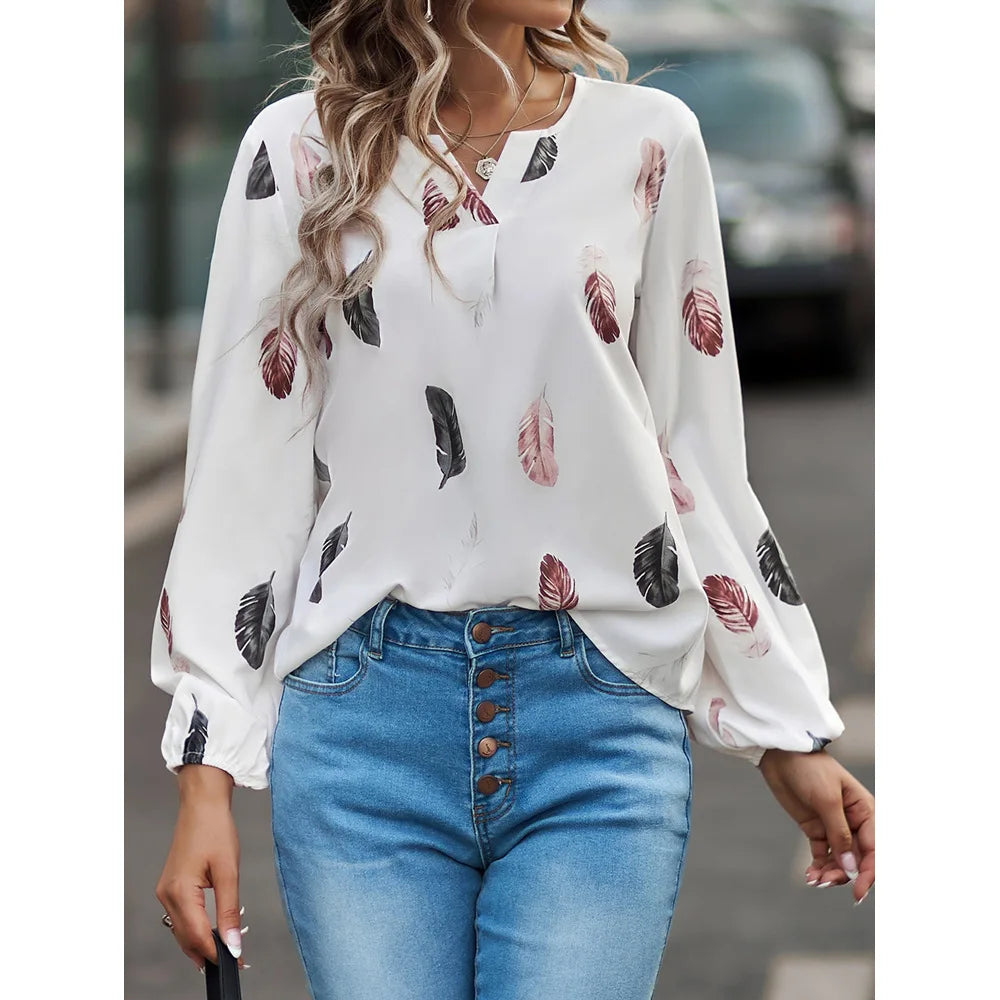 Fashion Woman long Sleeve Feather Pattern, Ladies Elegant Chiffon Tops