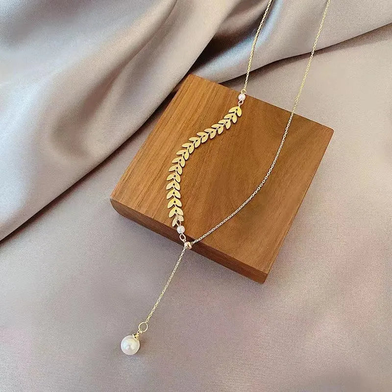 Simple Wheat Ear Pearl Bracelet Necklace Earrings Jewelry Set for Women