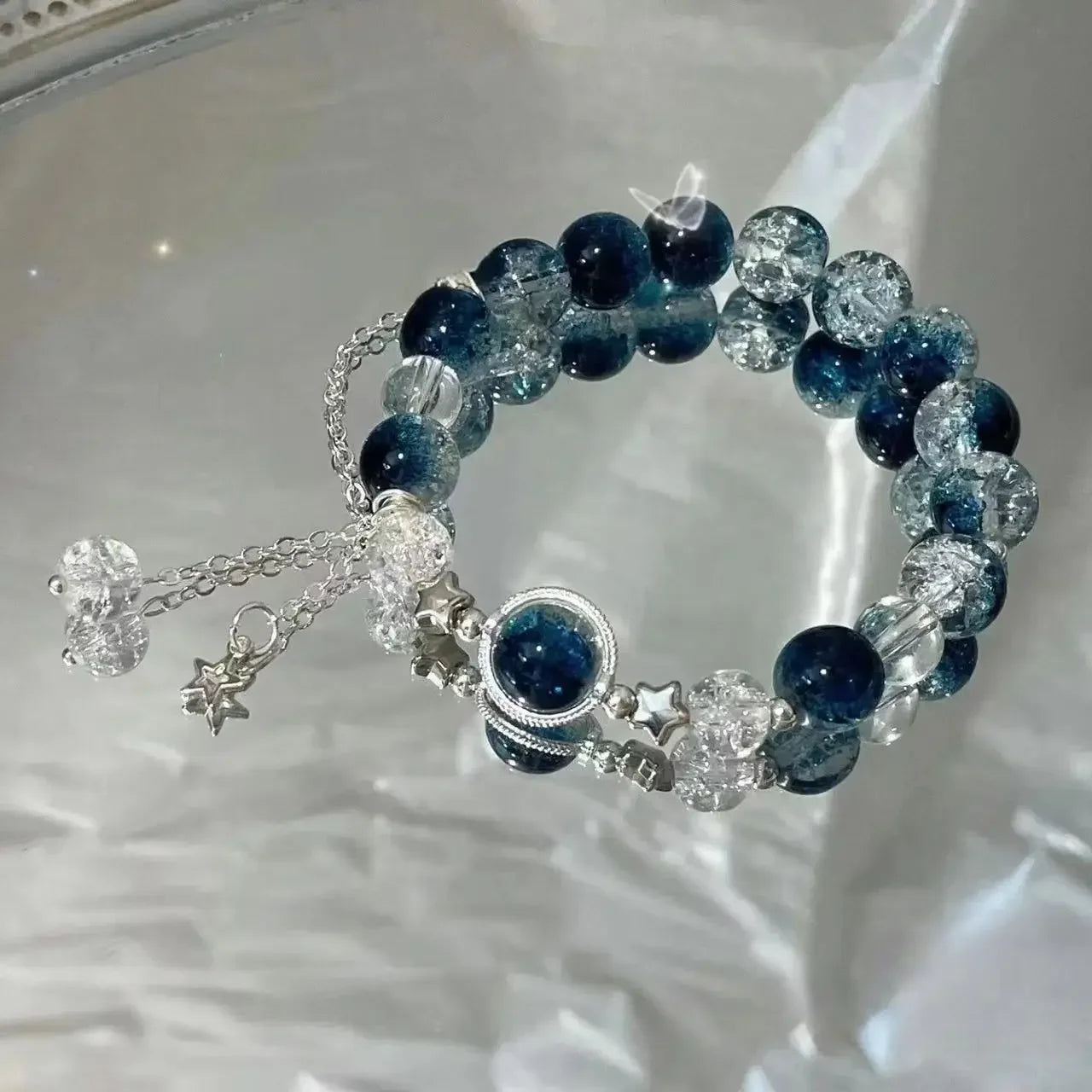 Niche Design Star Chain Tassel Bracelet for Women Fantasy Blue Crystal Beads Elastic Rope Bracelet