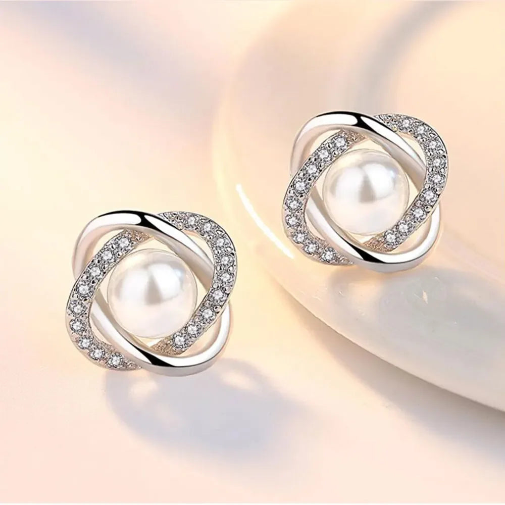 925 Sterling Silver Earrings Zircon Pearl Twist Luxury style Stud Earrings For Women