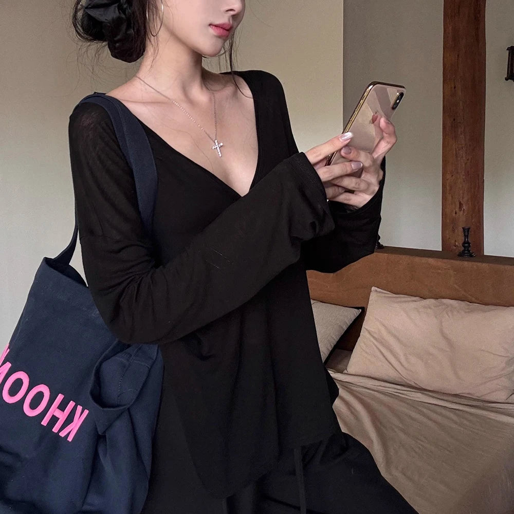 Women's V-Neck Long Sleeve T-Shirt Thin Perspective Summer Loose Fit Casual Top Korean Base Sun Protection Cover Up Top