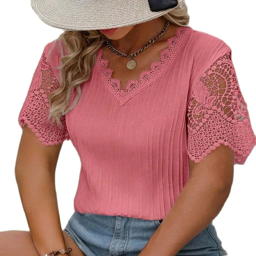 Plus Size Shirt Lace Stitching Sleeve V-Neck Solid Color Hollow Transparent Loose T-Shirt