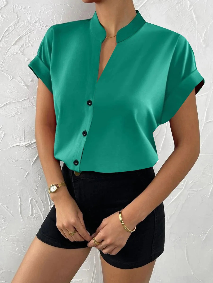 Women Solid Folds PU Leather Button Turn Down Collar Bodycon Working Blouse