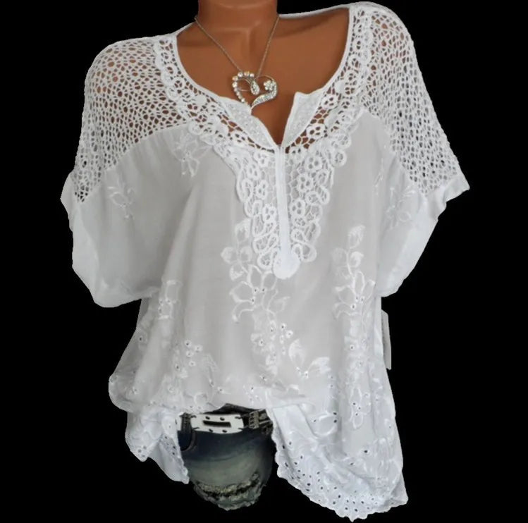 Loose Short-Sleeved Lace Women Blouses Cotton Blouses Summer V-neck White Shirt