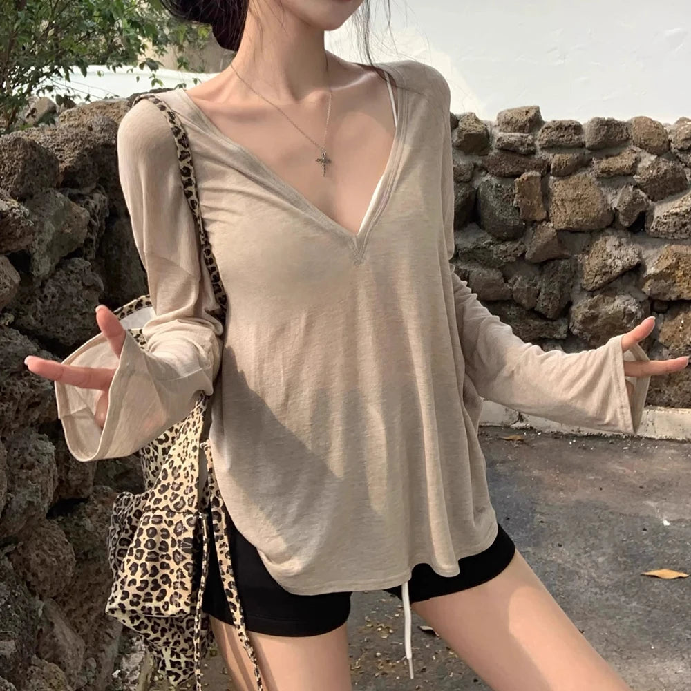 Women's V-Neck Long Sleeve T-Shirt Thin Perspective Summer Loose Fit Casual Top Korean Base Sun Protection Cover Up Top