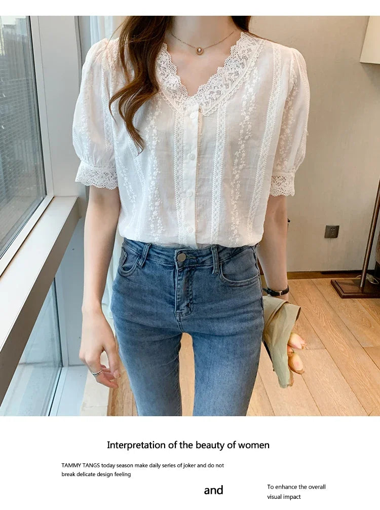 Summer Short Sleeve White Blouse Shirt Women Tops Blusas Verano Lace V-Neck Blouse Women Blouse