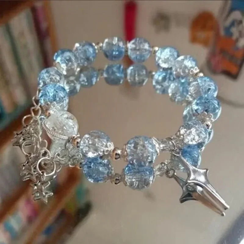 Niche Design Star Chain Tassel Bracelet for Women Fantasy Blue Crystal Beads Elastic Rope Bracelet