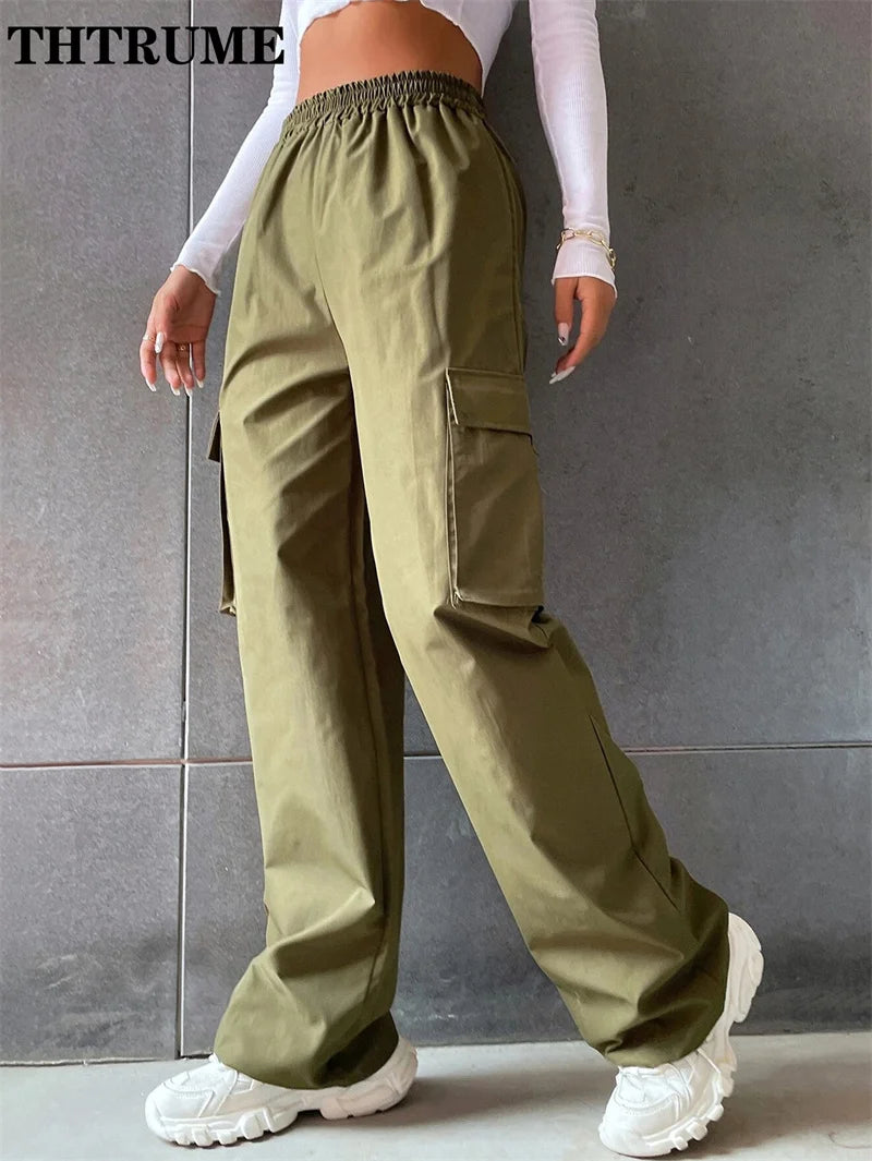 Vintage Streetwear Cargo Pants Fashion Women Solid Oversized Pocket High Waist Baggy Pant