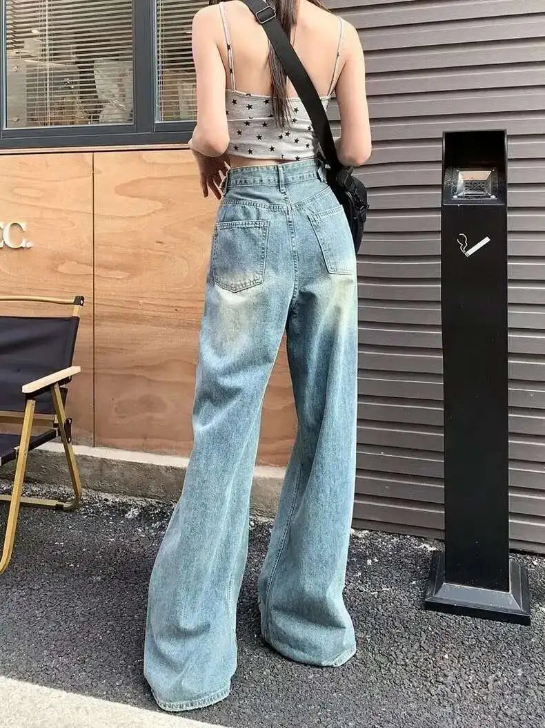 Vintage Pants, Jeans, Women's Torn Wide Leg Pants, Summer High Waist, Loose Fitting Long Pants, Women's Jeans