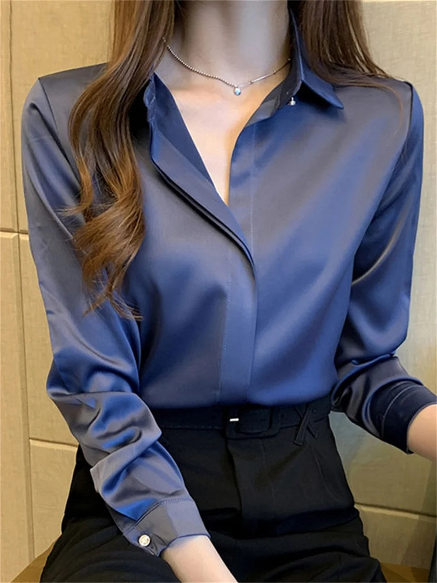 Satin Women Shirt Vintage Long Sleeve Blouse Women Silk Elegant Womens Tops