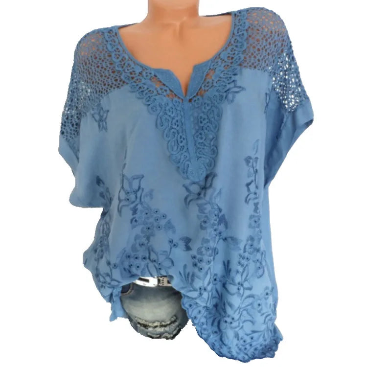 Loose Short-Sleeved Lace Women Blouses Cotton Blouses Summer V-neck White Shirt