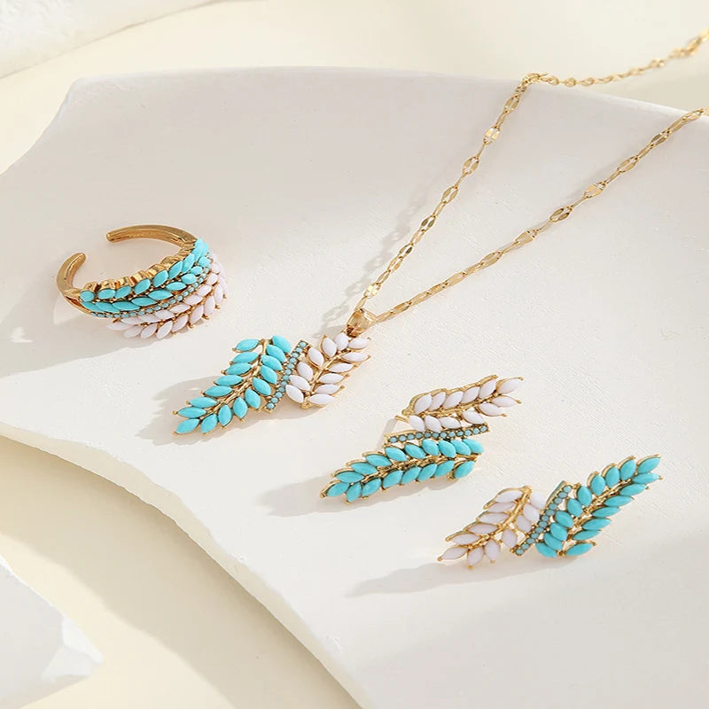 Obega Half Hollow Out Round Pearl Jewelry Sets Gold Plated Earrings Ring Ladies Natural Pearl Inlaid Necklace Set