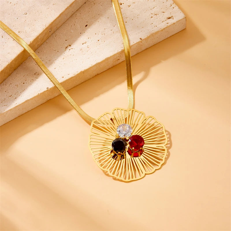 Stainless Steel Hollow Flower Inlaid With Zircon Necklace Earrings Ring For Women New Trend Non-fading Jewelry Set
