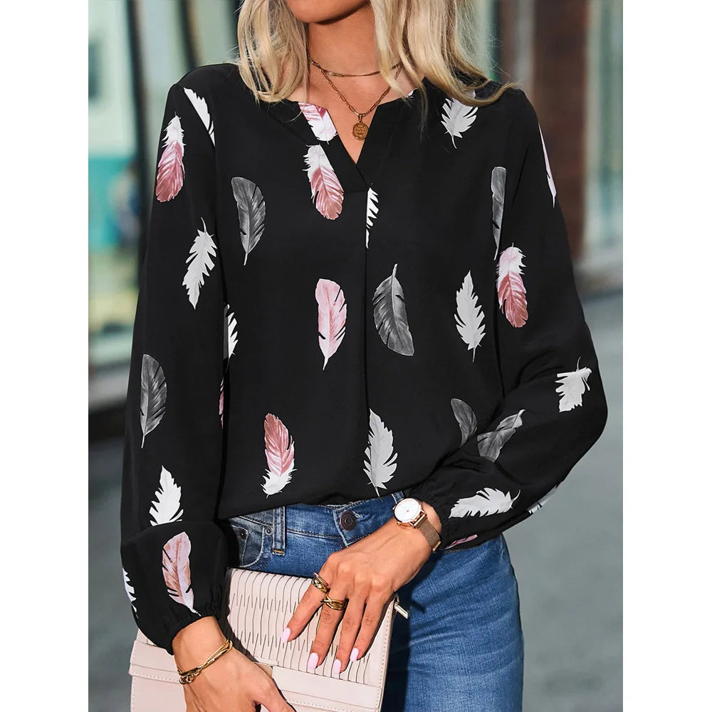 Fashion Woman long Sleeve Feather Pattern, Ladies Elegant Chiffon Tops