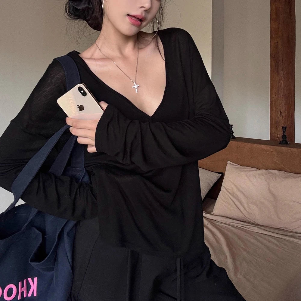 Women's V-Neck Long Sleeve T-Shirt Thin Perspective Summer Loose Fit Casual Top Korean Base Sun Protection Cover Up Top