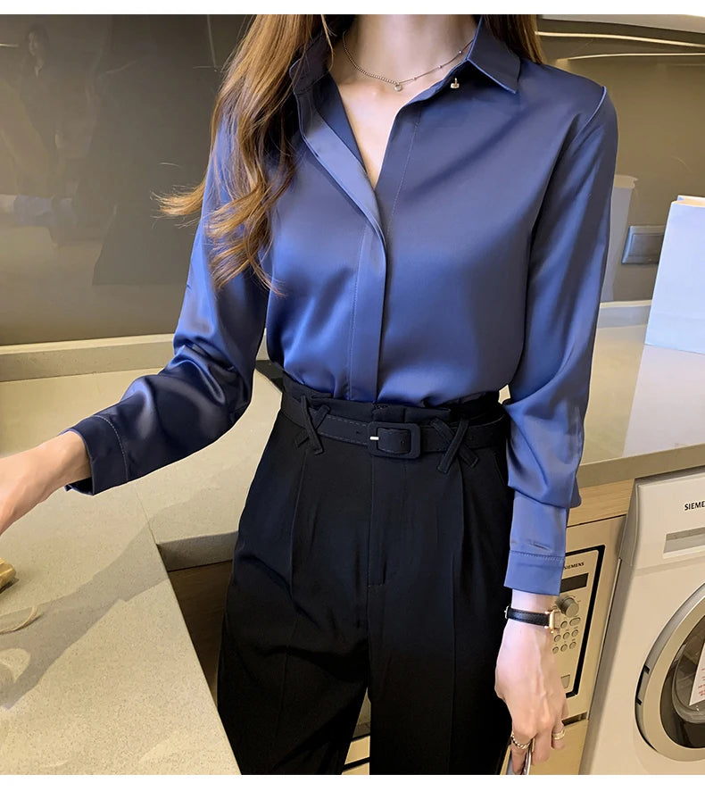 Satin Women Shirt Vintage Long Sleeve Blouse Women Silk Elegant Womens Tops