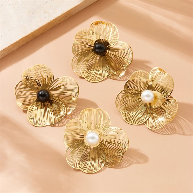 Stainless Gold plated 3D hollow camellia Pearl Necklace Bracelet Ring Suit Women Girl New Trend Non-fading jewelry Set