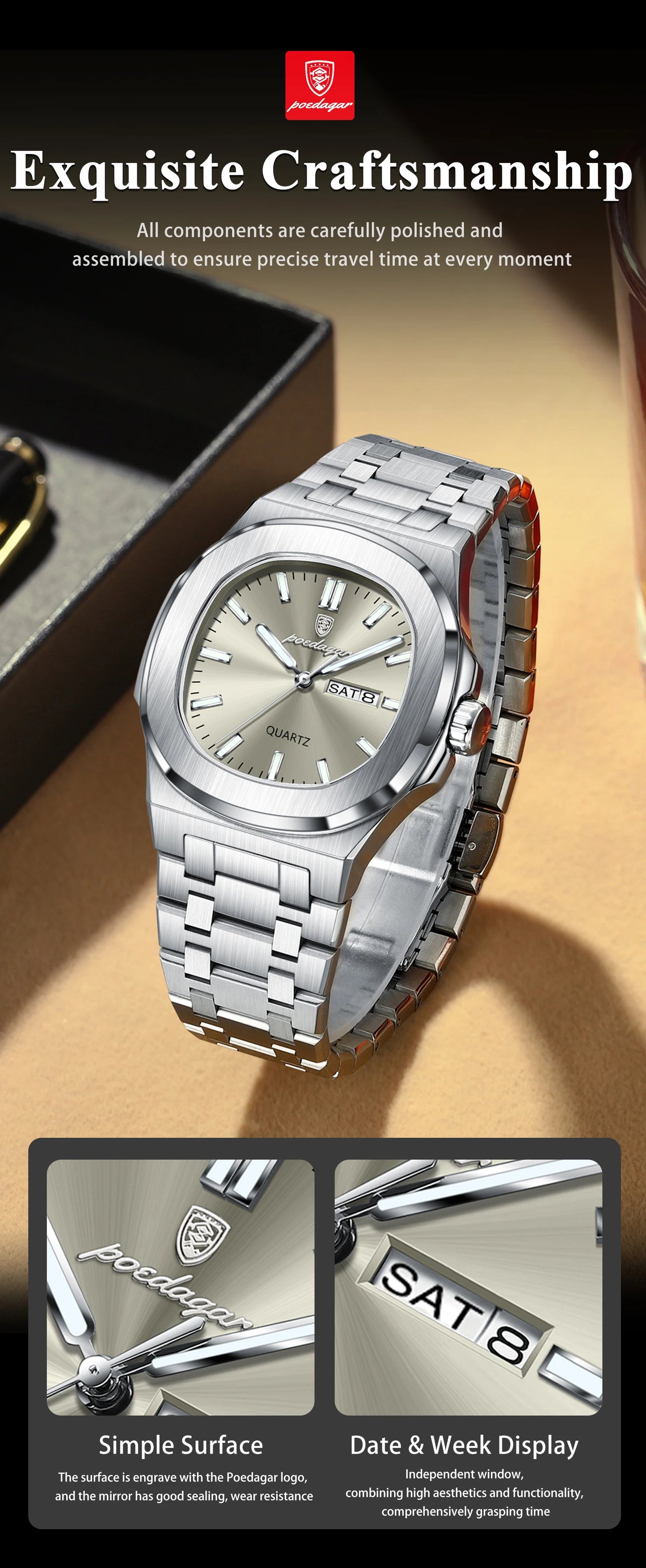 Military Men's Watch Square Waterproof Luminous Date Week Men Watch Stainless Steel Quartz Men's Watches Reloj+box