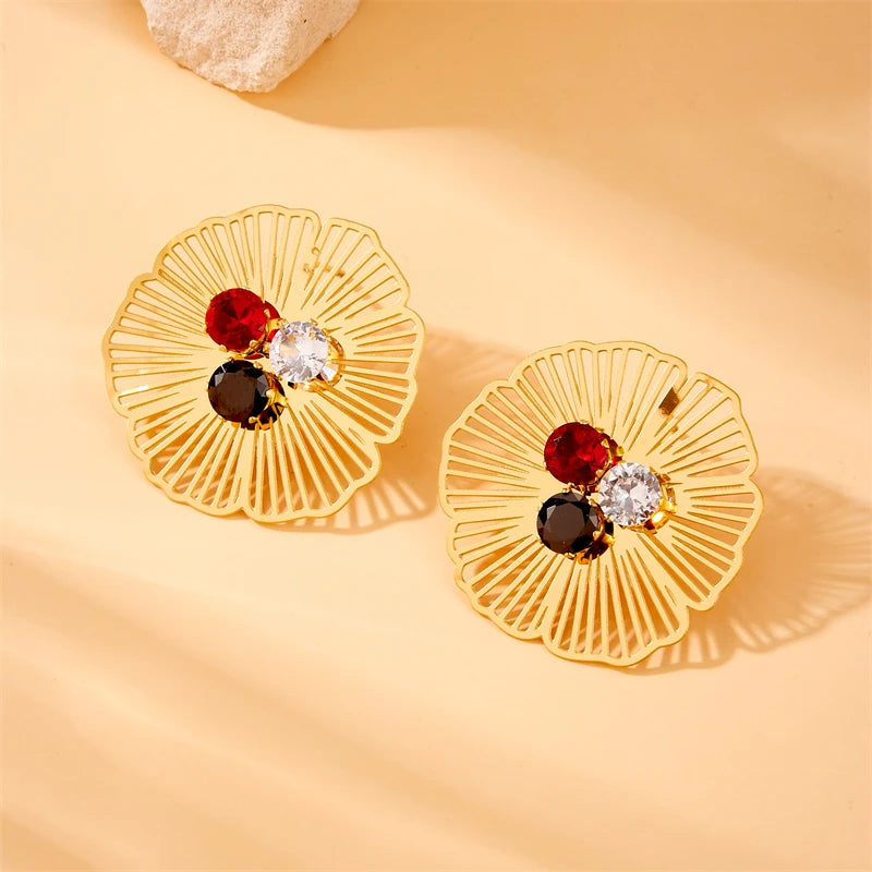 Stainless Steel Hollow Flower Inlaid With Zircon Necklace Earrings Ring For Women New Trend Non-fading Jewelry Set