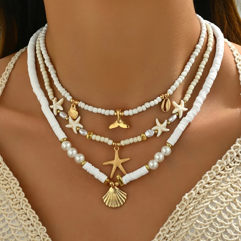 Starfish Imitation Shell Pendant Beaded Necklace Women Beach Vacation Accessories