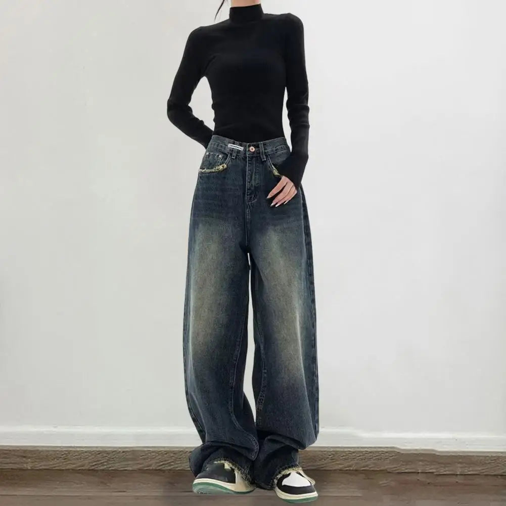 Wide Leg, Floor Length Loose Denim High Waist Vintage Hip Hop Streetwear Women Jeans