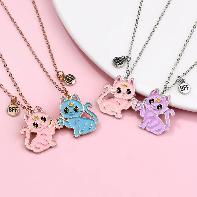 2Pcs/set Cartoon Animal Alloy Cat Best Friend Necklace BFF Friendship Jewelry