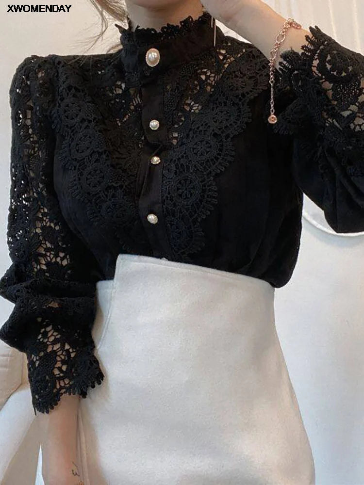 Women Chiffon Button Turtleneck Shirt Chic Elegant Floral Lace Fluffy Long Sleeve Top Fashion Hollow Oversize Blouse