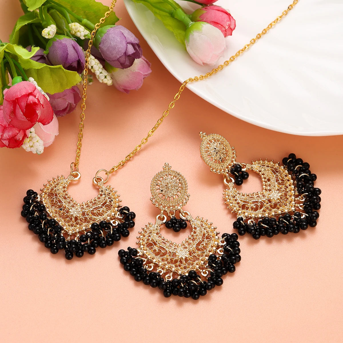 Jewelry Set for Women Retro Gold Plated Round Beads Tassel Earring Necklace Sets
