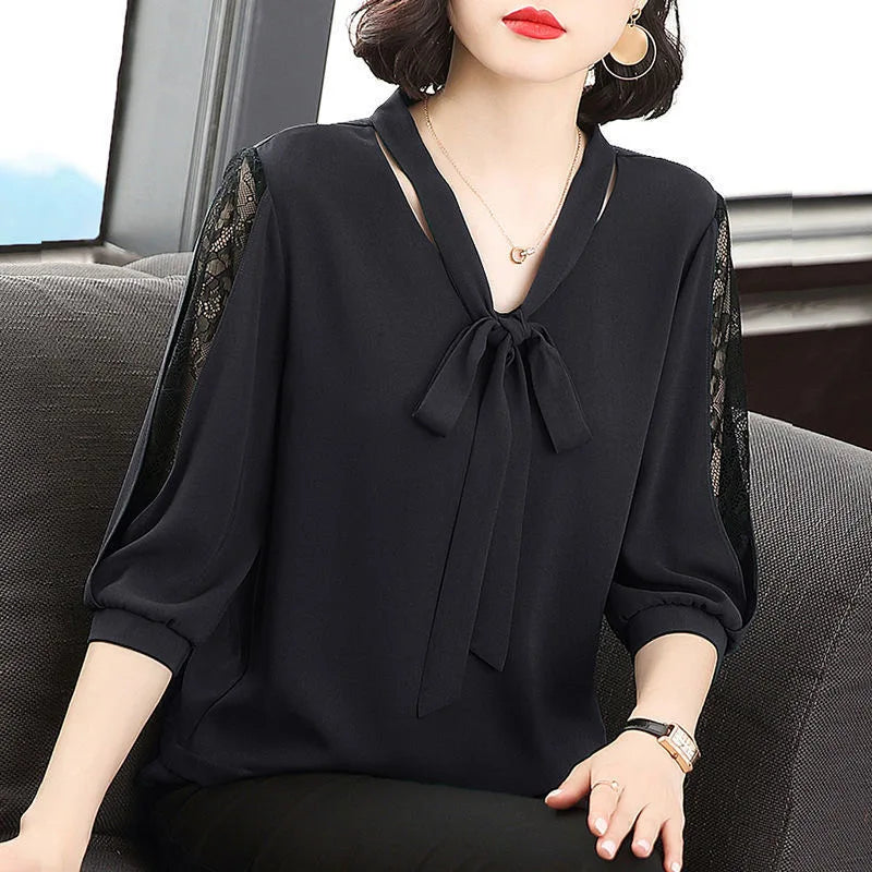 Women Casual Bow Tie Collar Half Lace Sleeve Loose Blouse