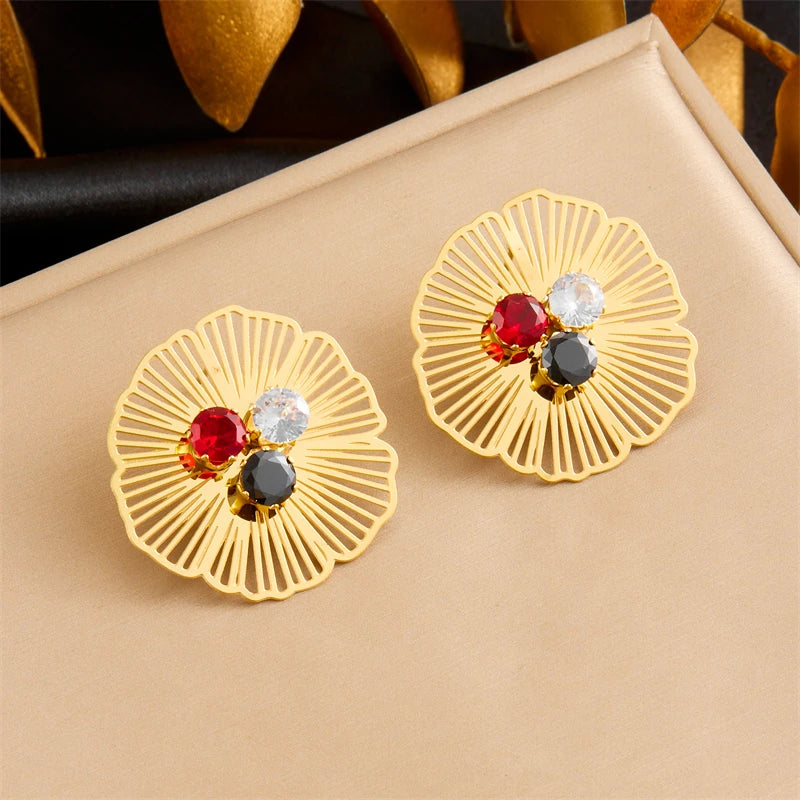 Stainless Steel Hollow Flower Inlaid With Zircon Necklace Earrings Ring For Women New Trend Non-fading Jewelry Set