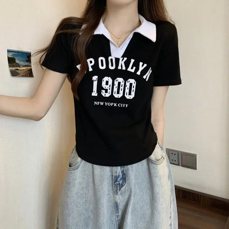Women Summer Korean Fashion Letter Printing Slim Polo Collar Short Sleeve T-Shirt Simplicity Office Lady All-match Casual Tops