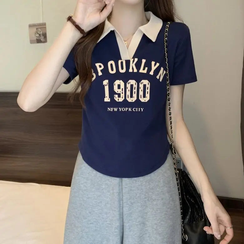 Women Summer Korean Fashion Letter Printing Slim Polo Collar Short Sleeve T-Shirt Simplicity Office Lady All-match Casual Tops